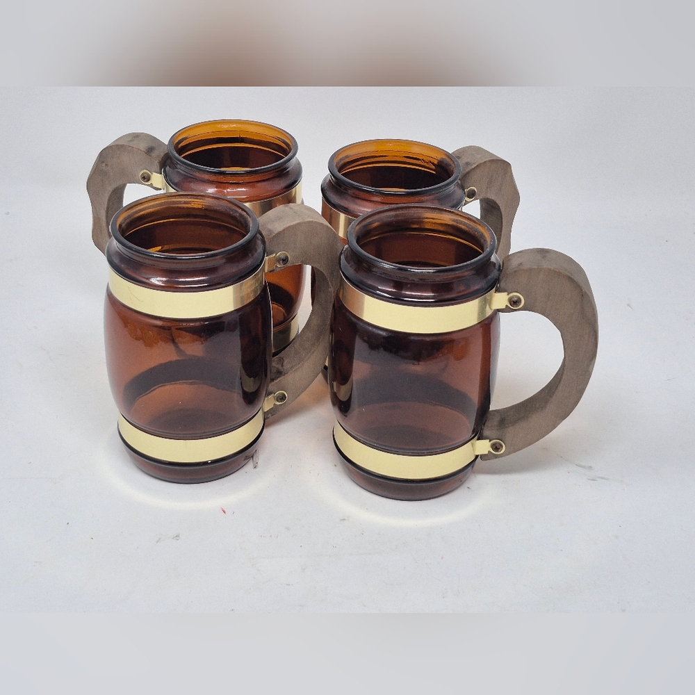 Siesta Ware Amber Glass Mugs Wooden Handles And Carry Caddy